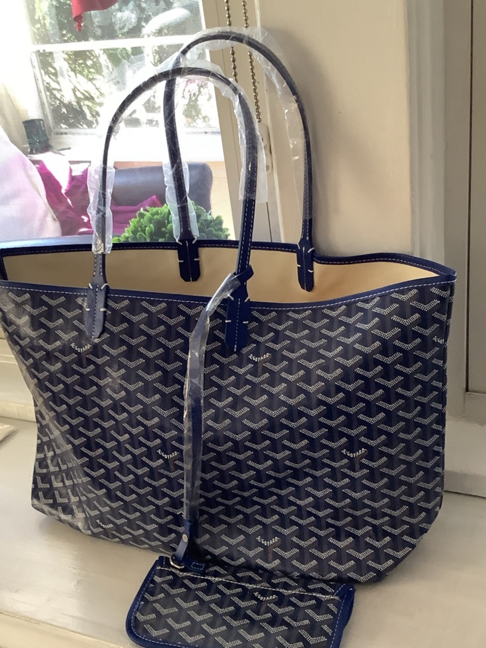 Navy Patterned Tote Bag with Cream Interior